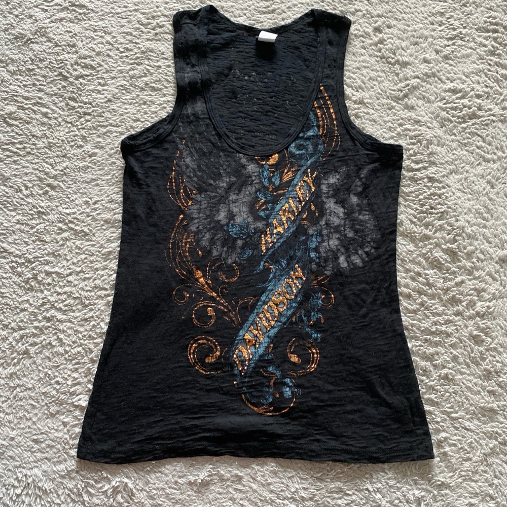 Black Harley Davidson tank top with orange and blue design
